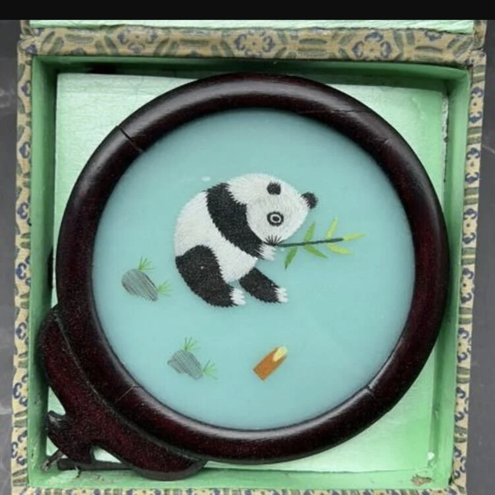 Vintage Chinese silk embroidery of a panda, Suzhou (Su) embroidery